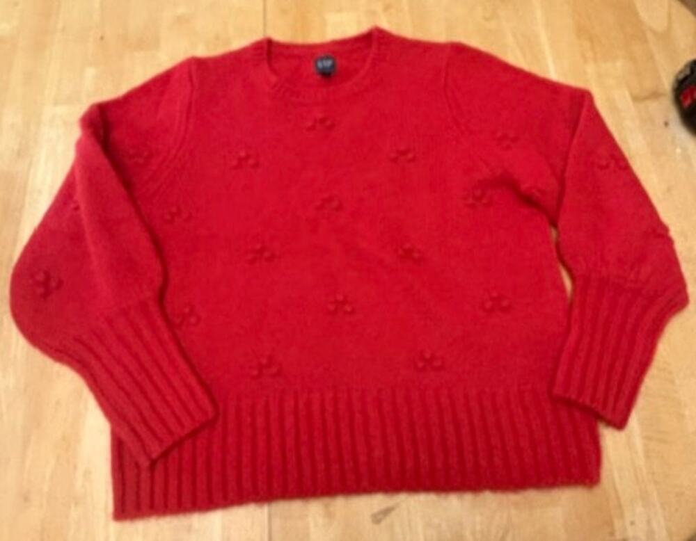 GAP Women's Wool Blend Sweater Large Red Textured Knit Balloon Sleeves Pullover